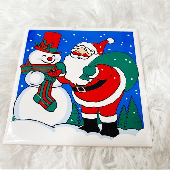 Vintage Set Of Two Christmas Holiday Santa And Elves Ceramic Trivets Decor - Picture 6 of 8